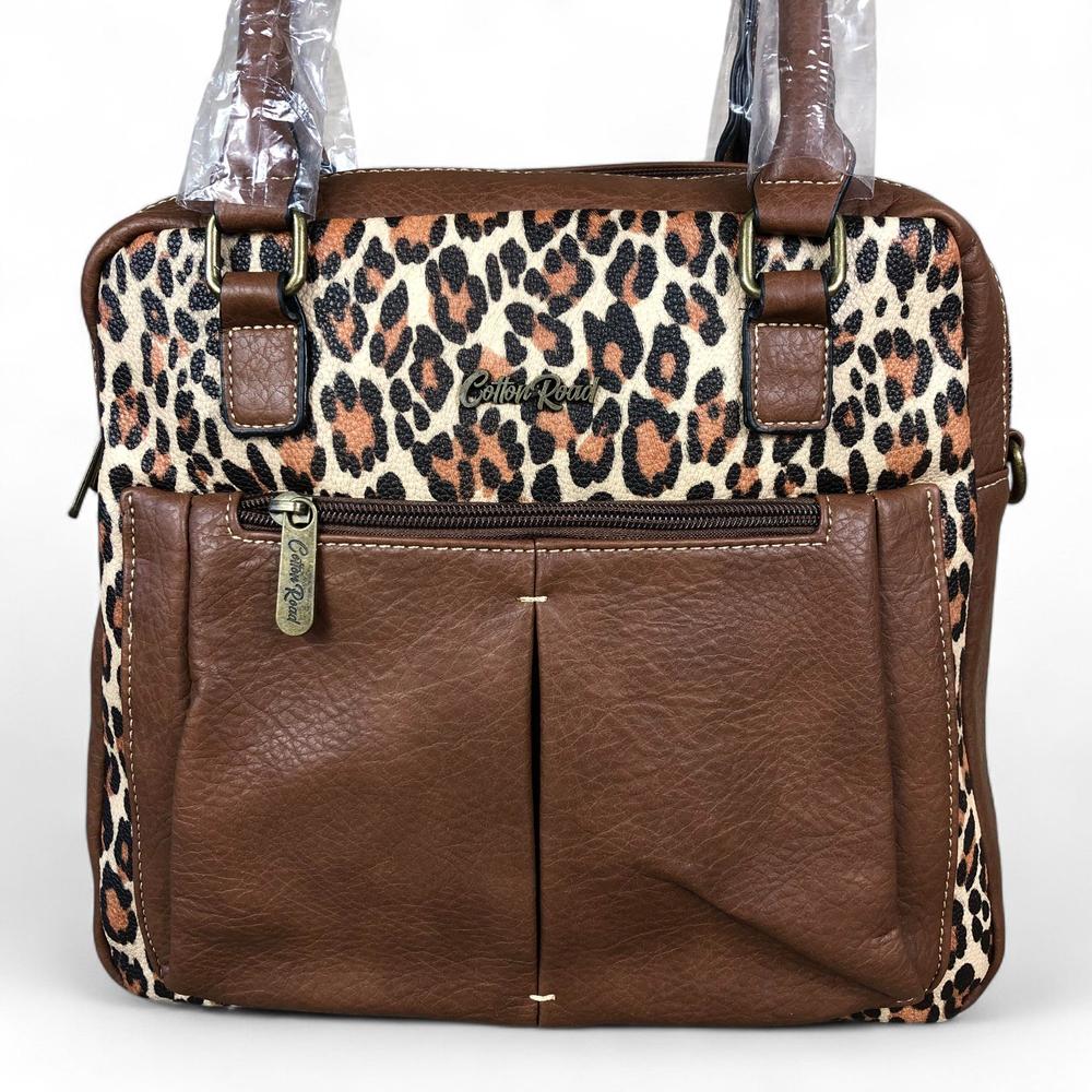 BROWN PU Leather Cotton Road Handbag with LEOPARD PRINT
