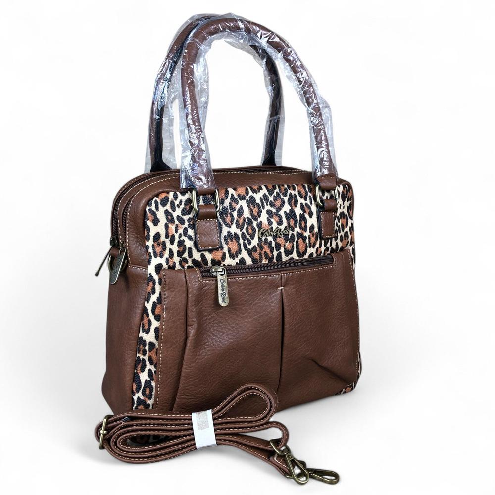 BROWN PU Leather Cotton Road Handbag with LEOPARD PRINT
