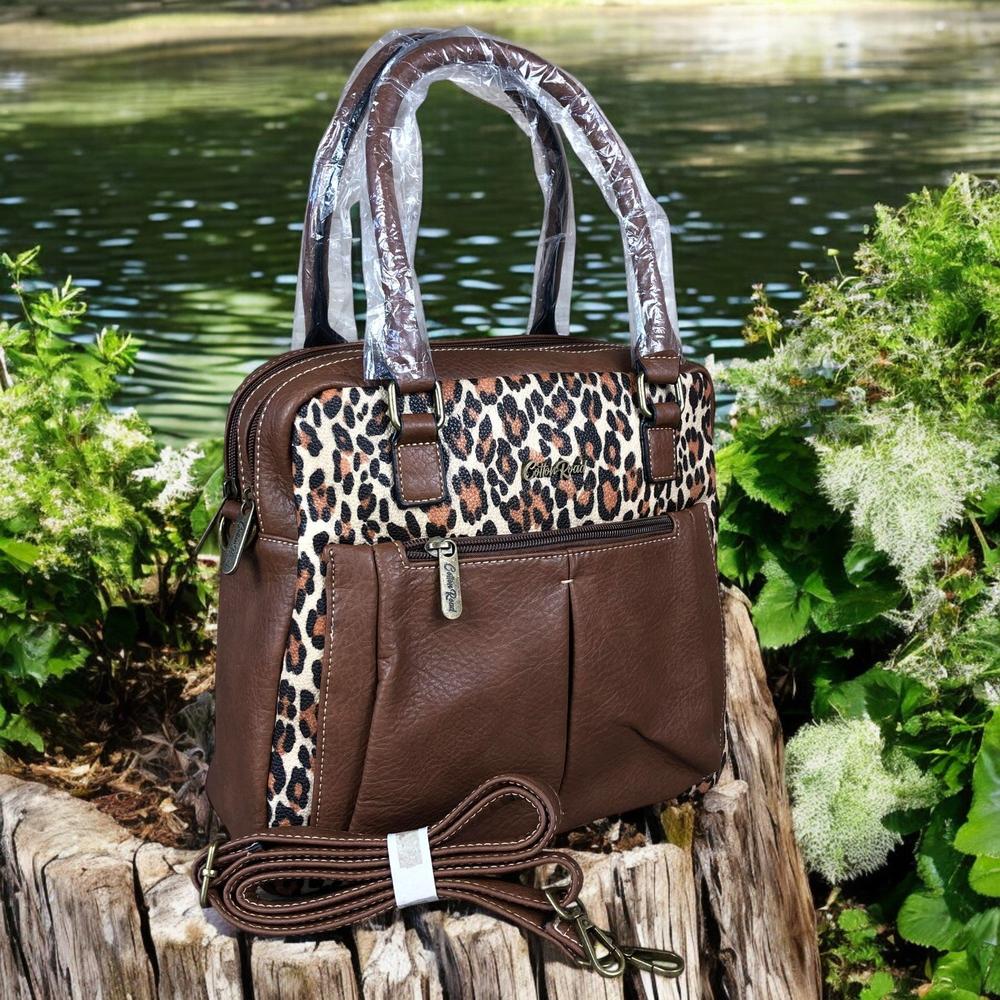 BROWN PU Leather Cotton Road Handbag with LEOPARD PRINT