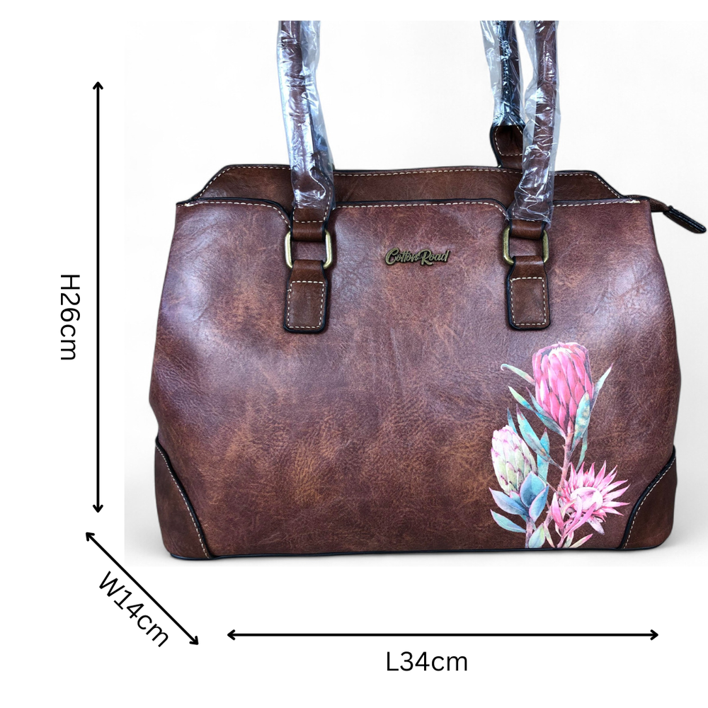 BROWN PU Leather Cotton Road Handbag with PROTEA