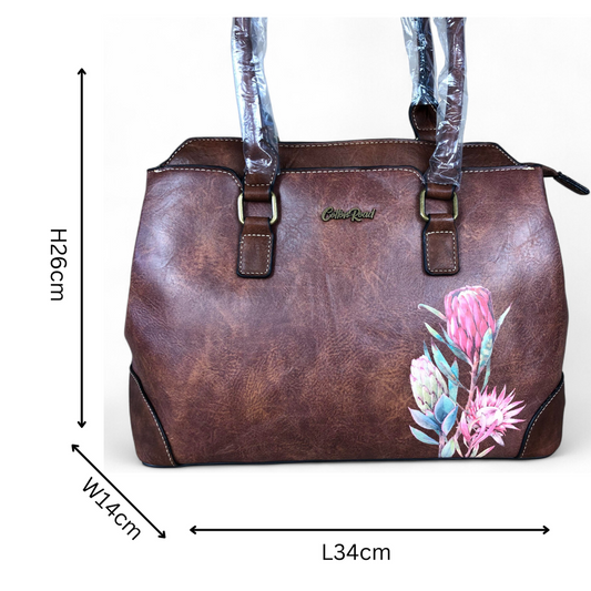 BROWN PU Leather Cotton Road Handbag with PROTEA