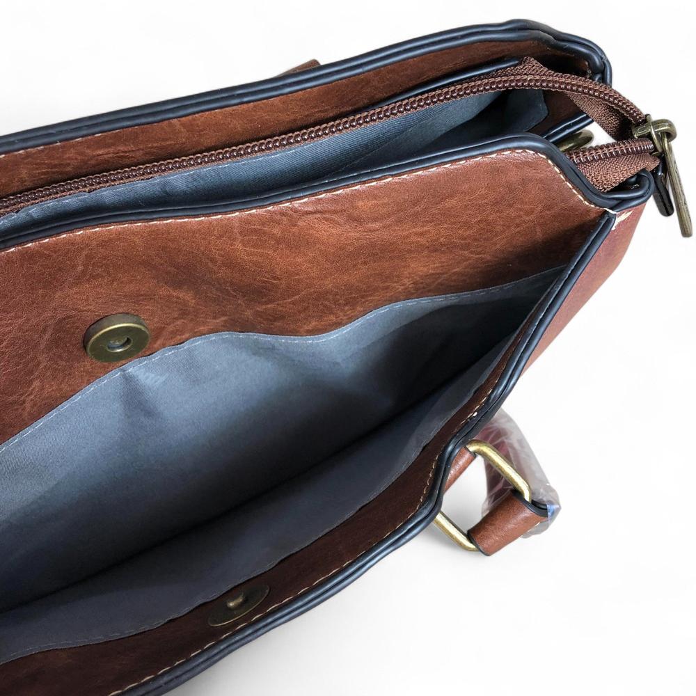 BROWN PU Leather Cotton Road Handbag with PROTEA