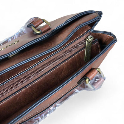 BROWN PU Leather Cotton Road Handbag with PROTEA