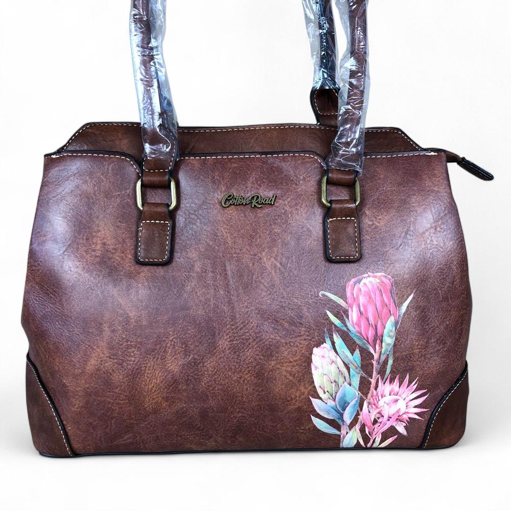 BROWN PU Leather Cotton Road Handbag with PROTEA