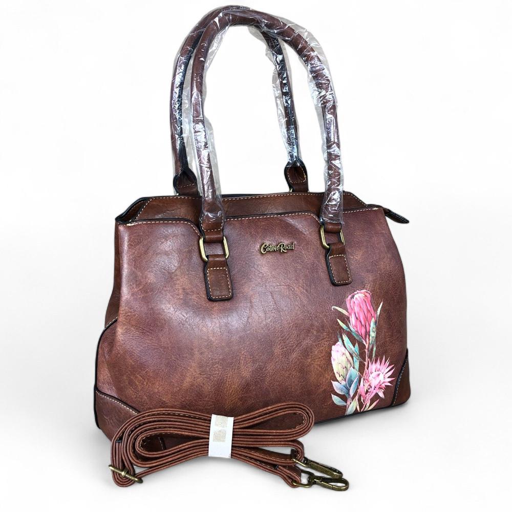 BROWN PU Leather Cotton Road Handbag with PROTEA