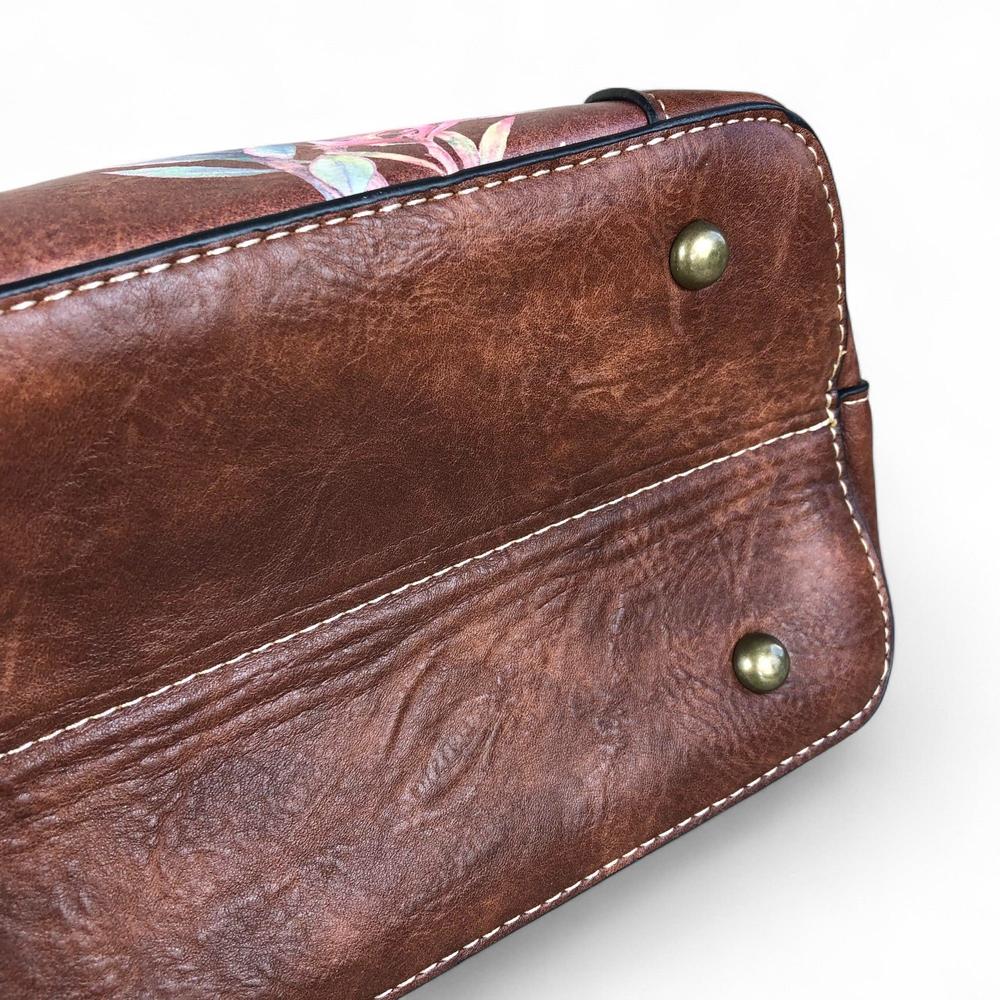 BROWN PU Leather Cotton Road Handbag with PROTEA