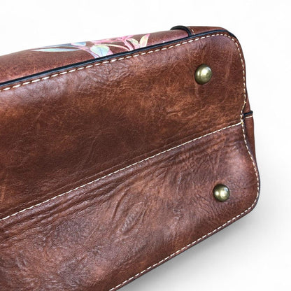 BROWN PU Leather Cotton Road Handbag with PROTEA