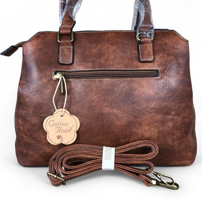 BROWN PU Leather Cotton Road Handbag with PROTEA