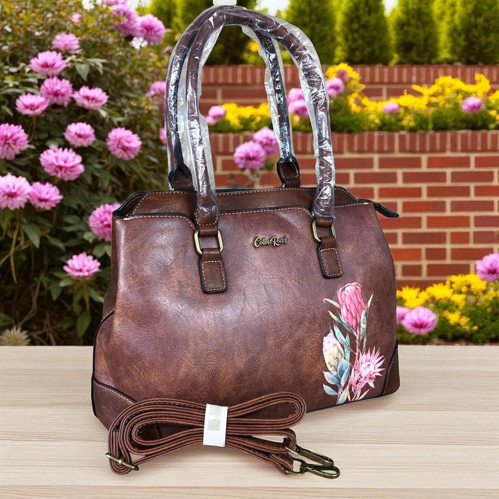 BROWN PU Leather Cotton Road Handbag with PROTEA