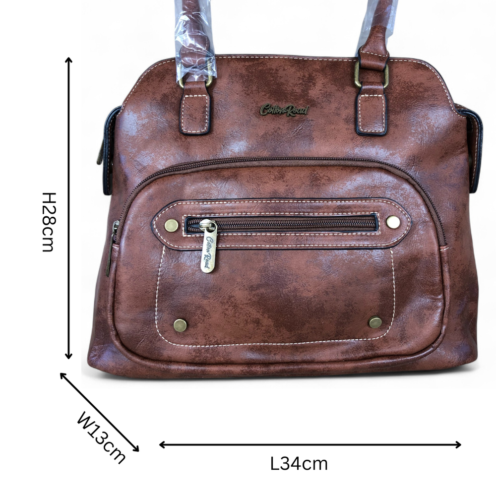BROWN PU Leather Cotton Road Handbag with STUDDS