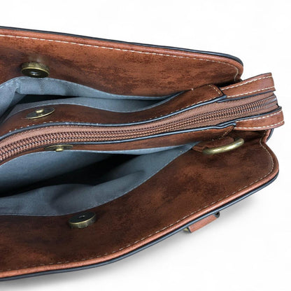 BROWN PU Leather Cotton Road Handbag with STUDDS