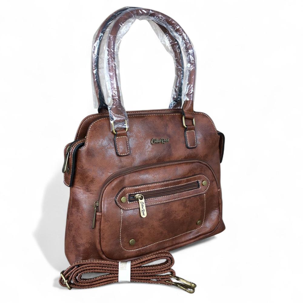 BROWN PU Leather Cotton Road Handbag with STUDDS