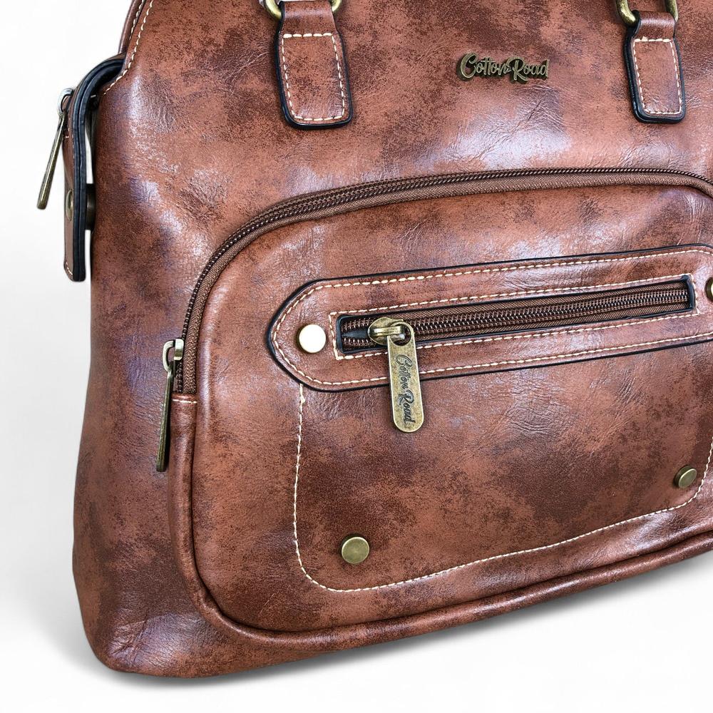 BROWN PU Leather Cotton Road Handbag with STUDDS