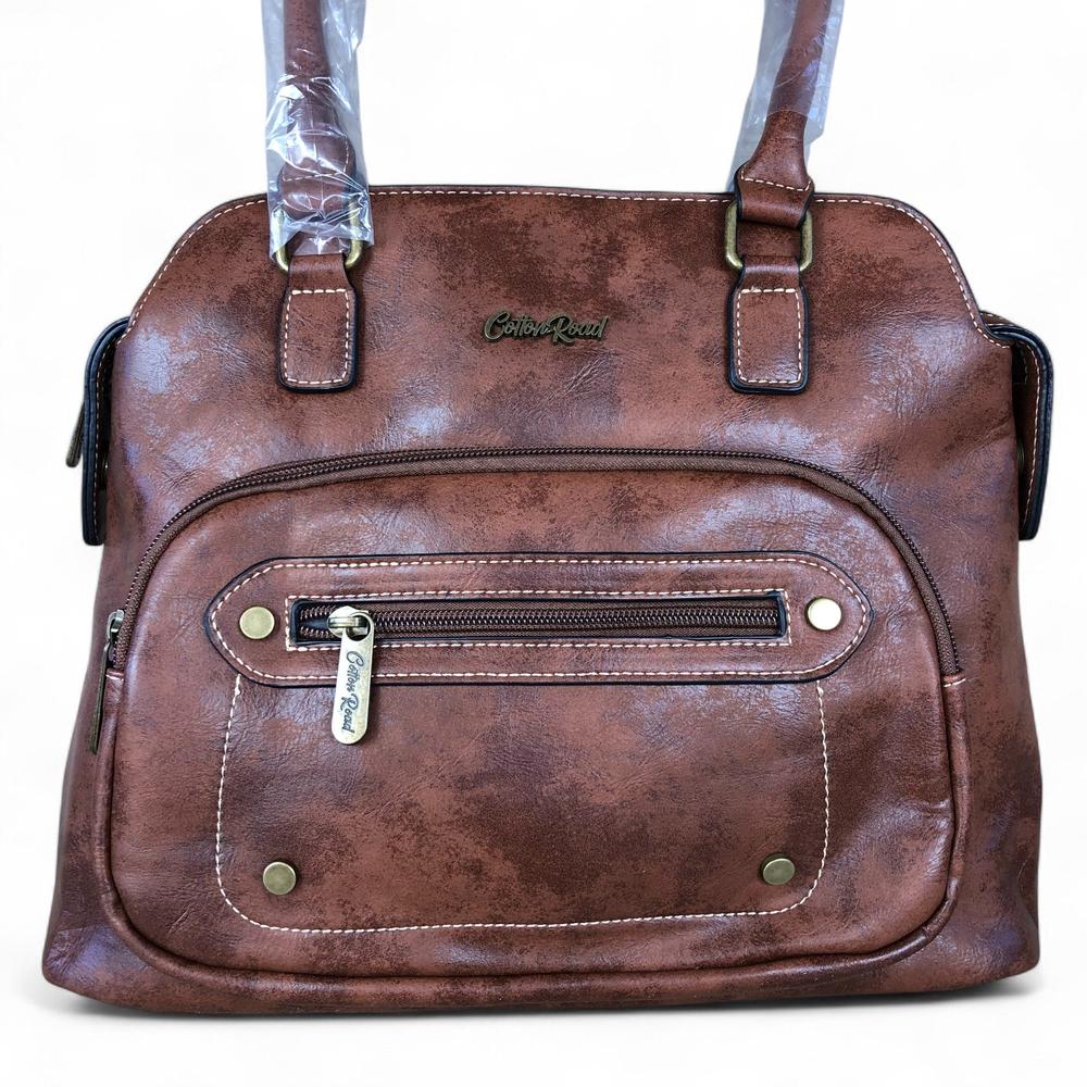 BROWN PU Leather Cotton Road Handbag with STUDDS