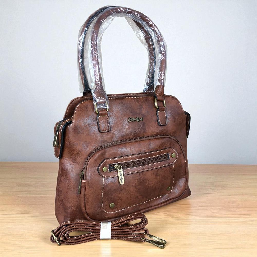 BROWN PU Leather Cotton Road Handbag with STUDDS