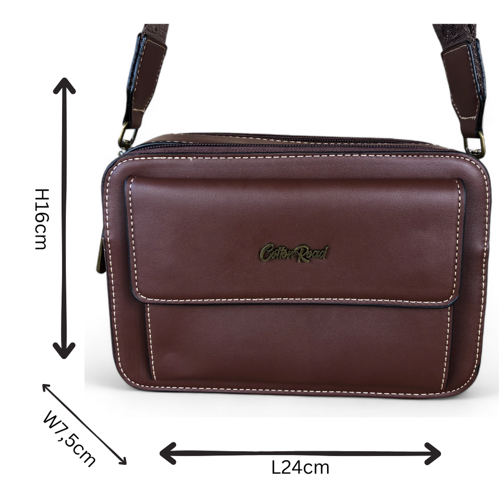 BROWN PU Leather Cotton Road Sling Bag with BRANDED STRAP