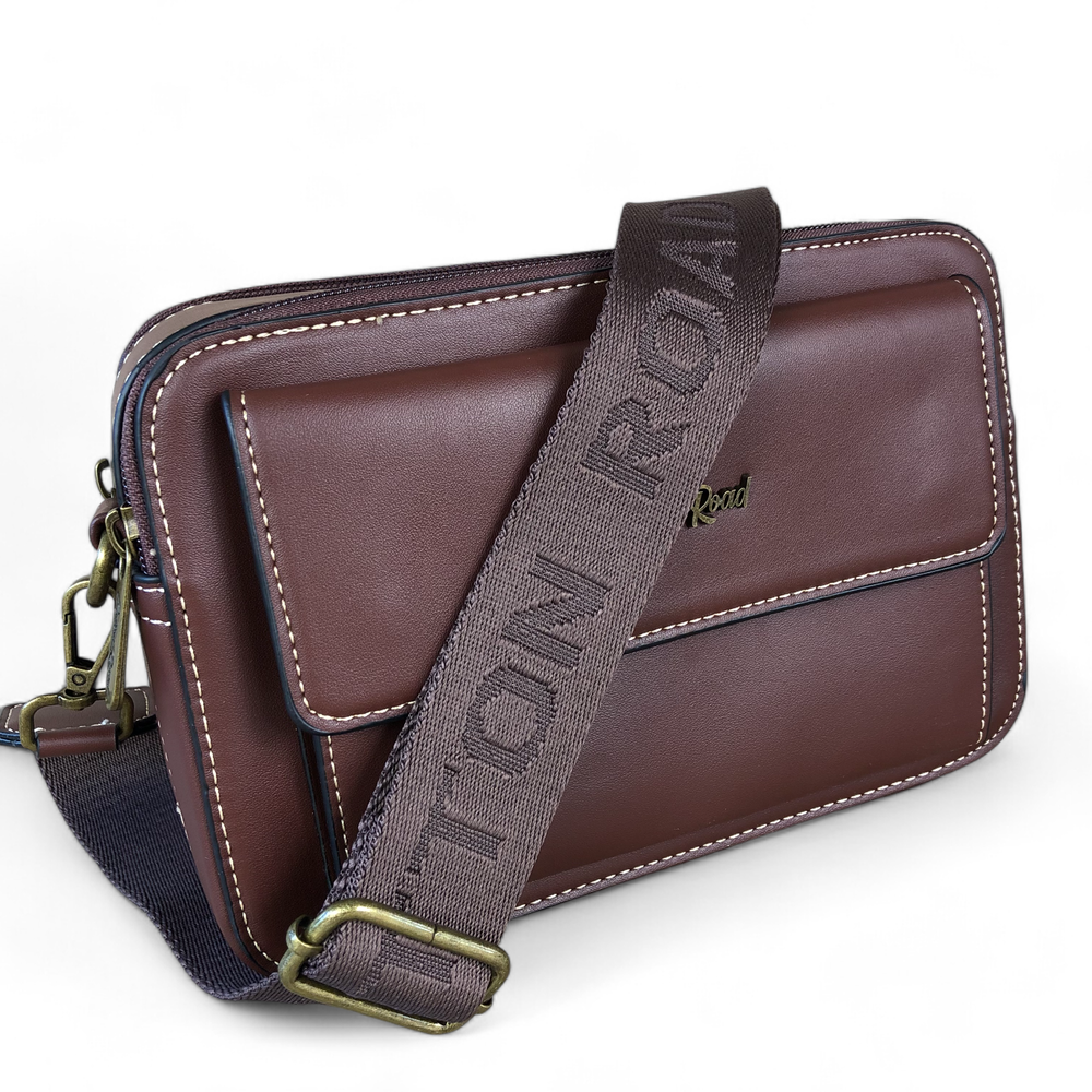 BROWN PU Leather Cotton Road Sling Bag with BRANDED STRAP