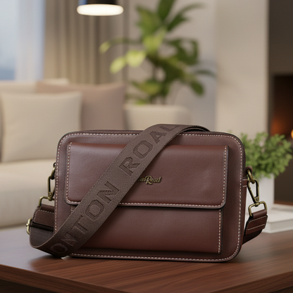 Cotton Road Sling Bag: COFFEE BROWN PU Leather Crossbody with Branded Strap