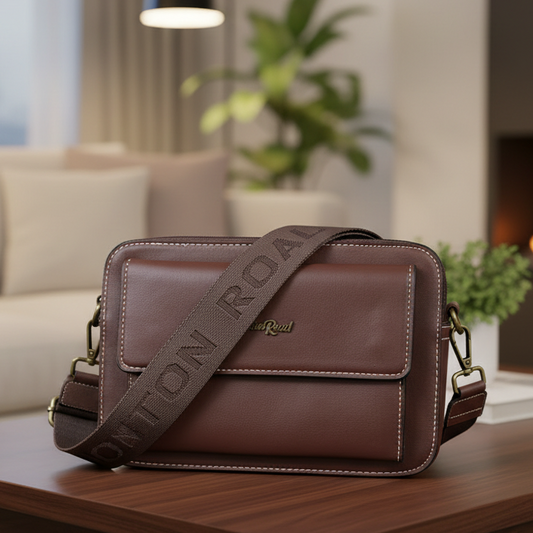 Cotton Road Sling Bag: COFFEE BROWN PU Leather Crossbody with Branded Strap