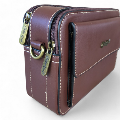 BROWN PU Leather Cotton Road Sling Bag with BRANDED STRAP