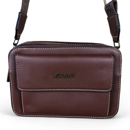 BROWN PU Leather Cotton Road Sling Bag with BRANDED STRAP