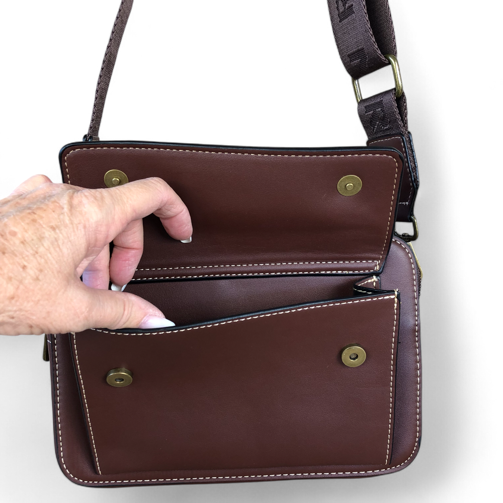 BROWN PU Leather Cotton Road Sling Bag with BRANDED STRAP