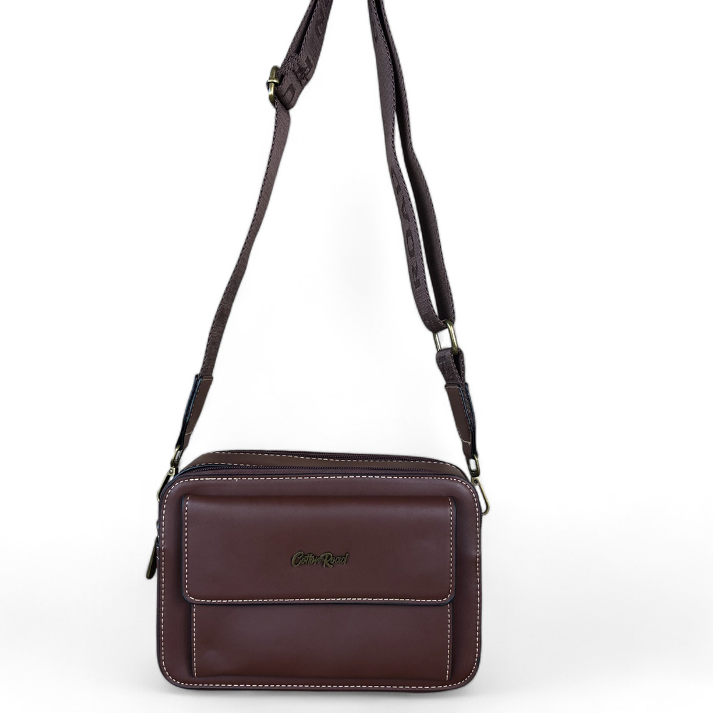 BROWN PU Leather Cotton Road Sling Bag with BRANDED STRAP