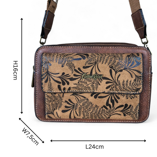 BROWN PU Leather Cotton Road Sling Bag with FLORAL POCKET
