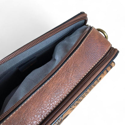 BROWN PU Leather Cotton Road Sling Bag with FLORAL POCKET