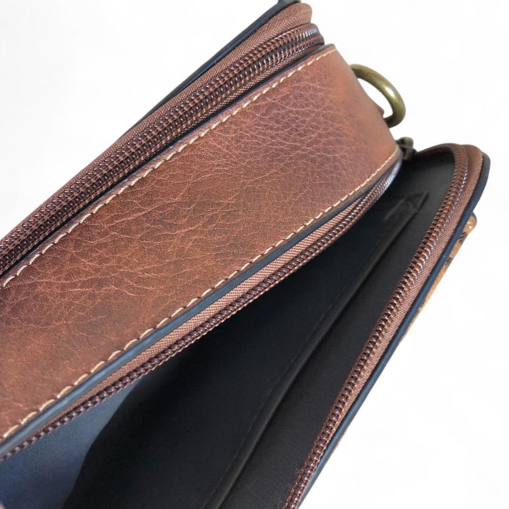 BROWN PU Leather Cotton Road Sling Bag with FLORAL POCKET