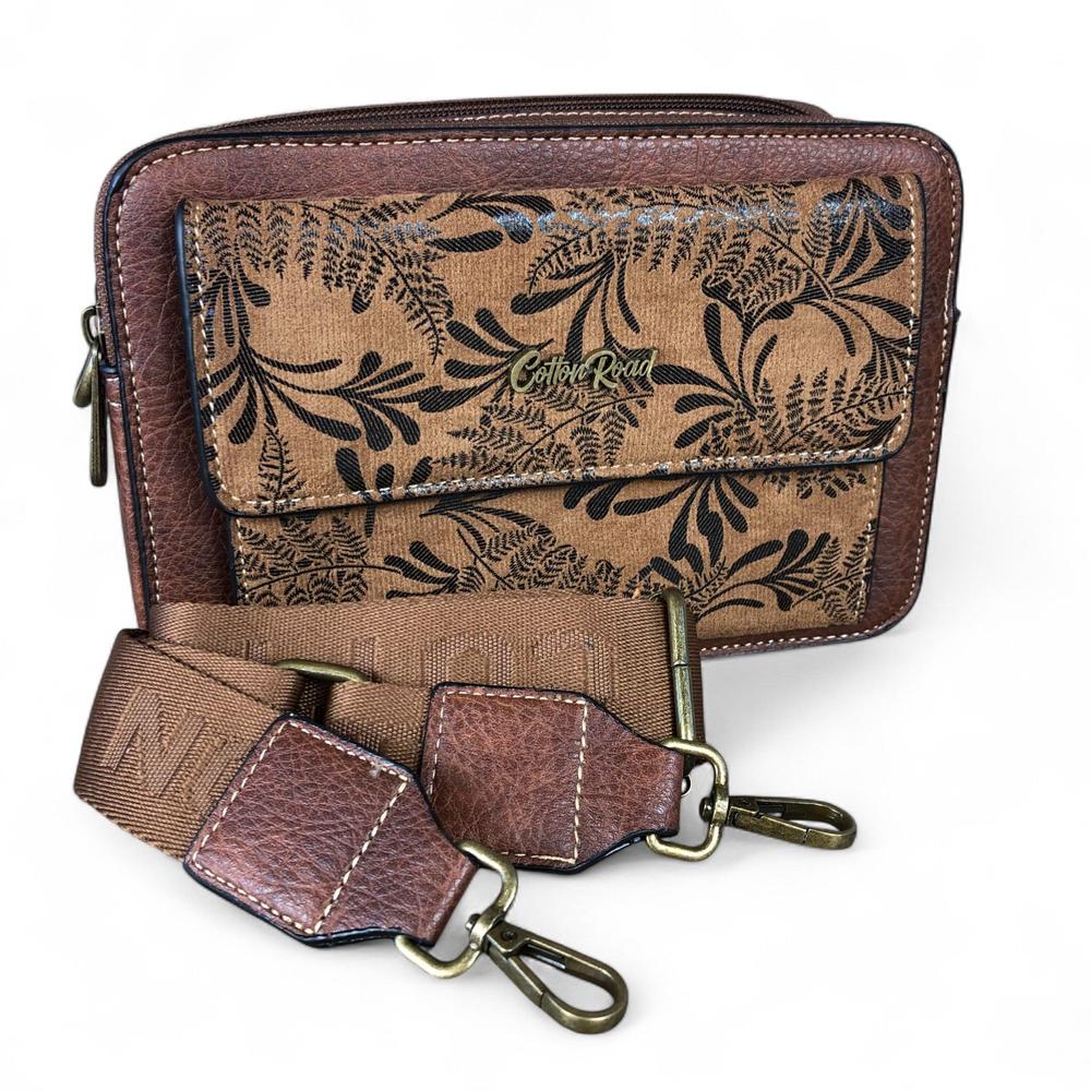 BROWN PU Leather Cotton Road Sling Bag with FLORAL POCKET