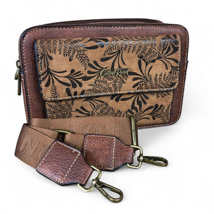 BROWN PU Leather Cotton Road Sling Bag with FLORAL POCKET