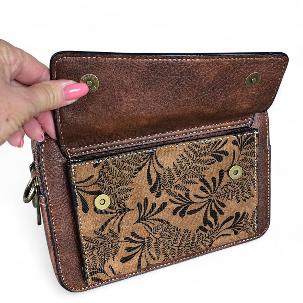 BROWN PU Leather Cotton Road Sling Bag with FLORAL POCKET