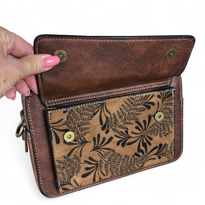 BROWN PU Leather Cotton Road Sling Bag with FLORAL POCKET
