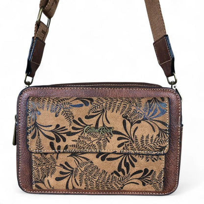 BROWN PU Leather Cotton Road Sling Bag with FLORAL POCKET