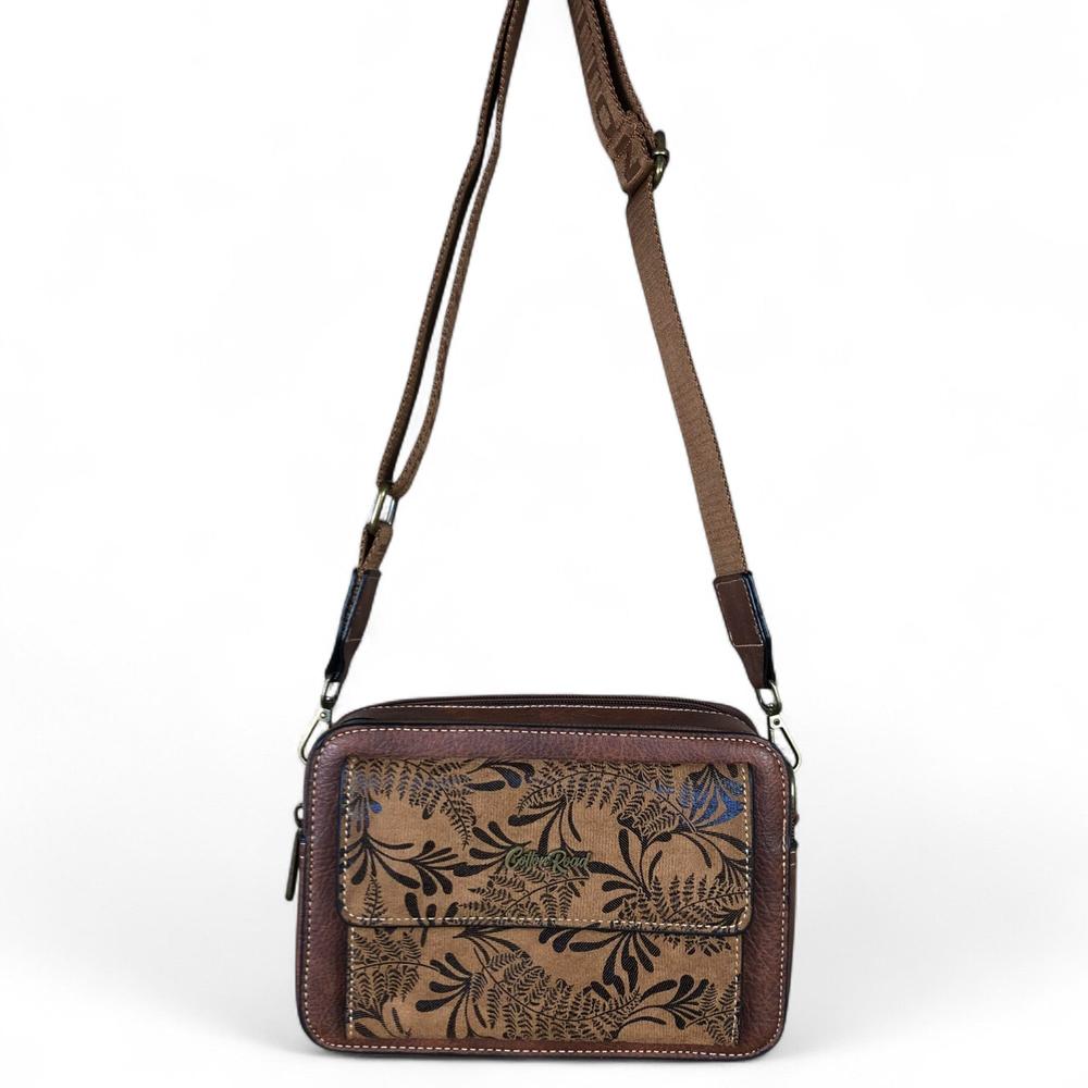 BROWN PU Leather Cotton Road Sling Bag with FLORAL POCKET