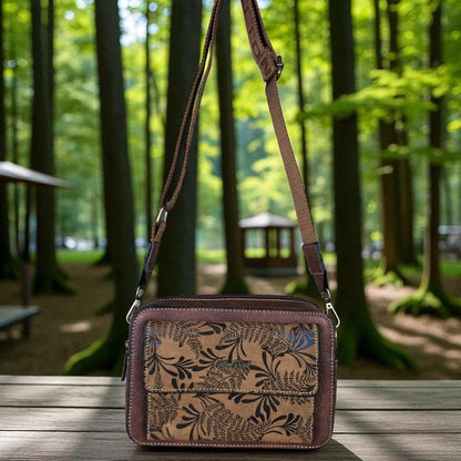 BROWN PU Leather Cotton Road Sling Bag with FLORAL POCKET