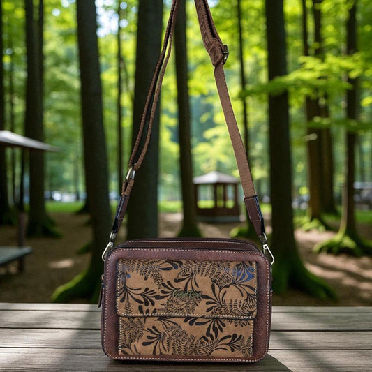 BROWN PU Leather Cotton Road Sling Bag with FLORAL POCKET