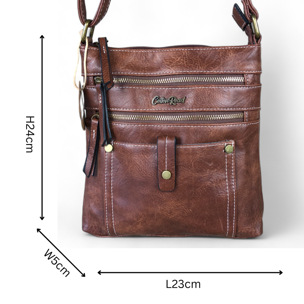BROWN PU Leather Cotton Road Sling Bag with Metal Zips