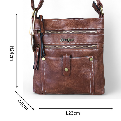 BROWN PU Leather Cotton Road Sling Bag with Metal Zips
