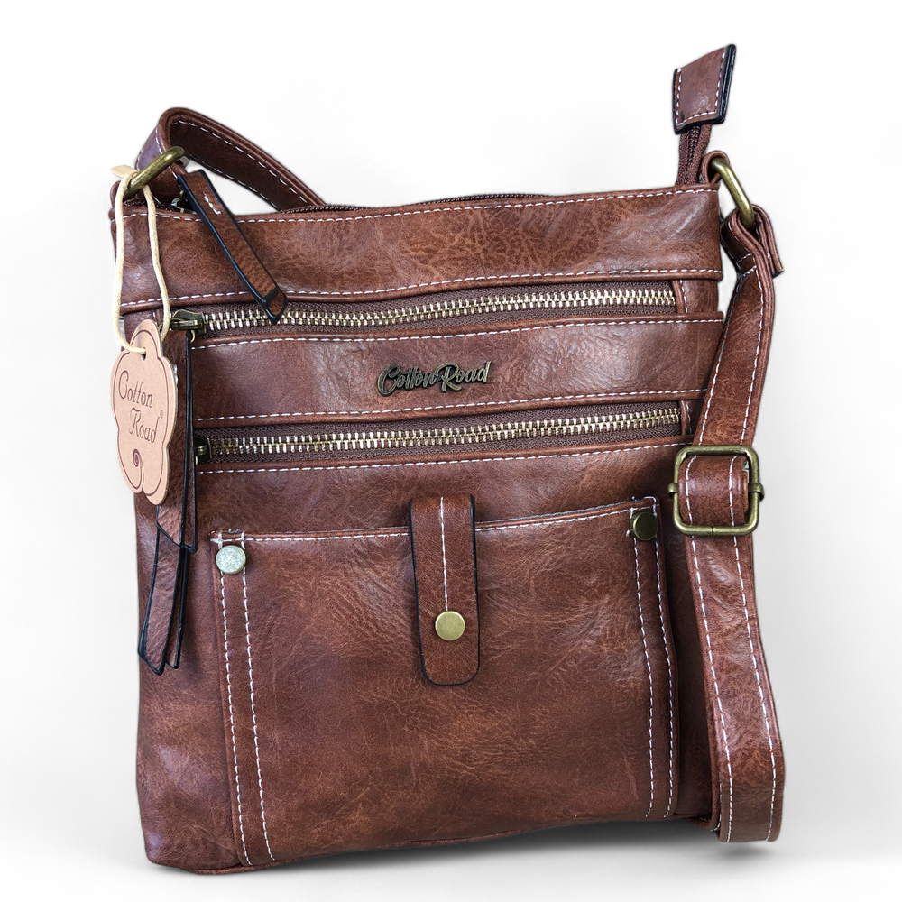 BROWN PU Leather Cotton Road Sling Bag with Metal Zips