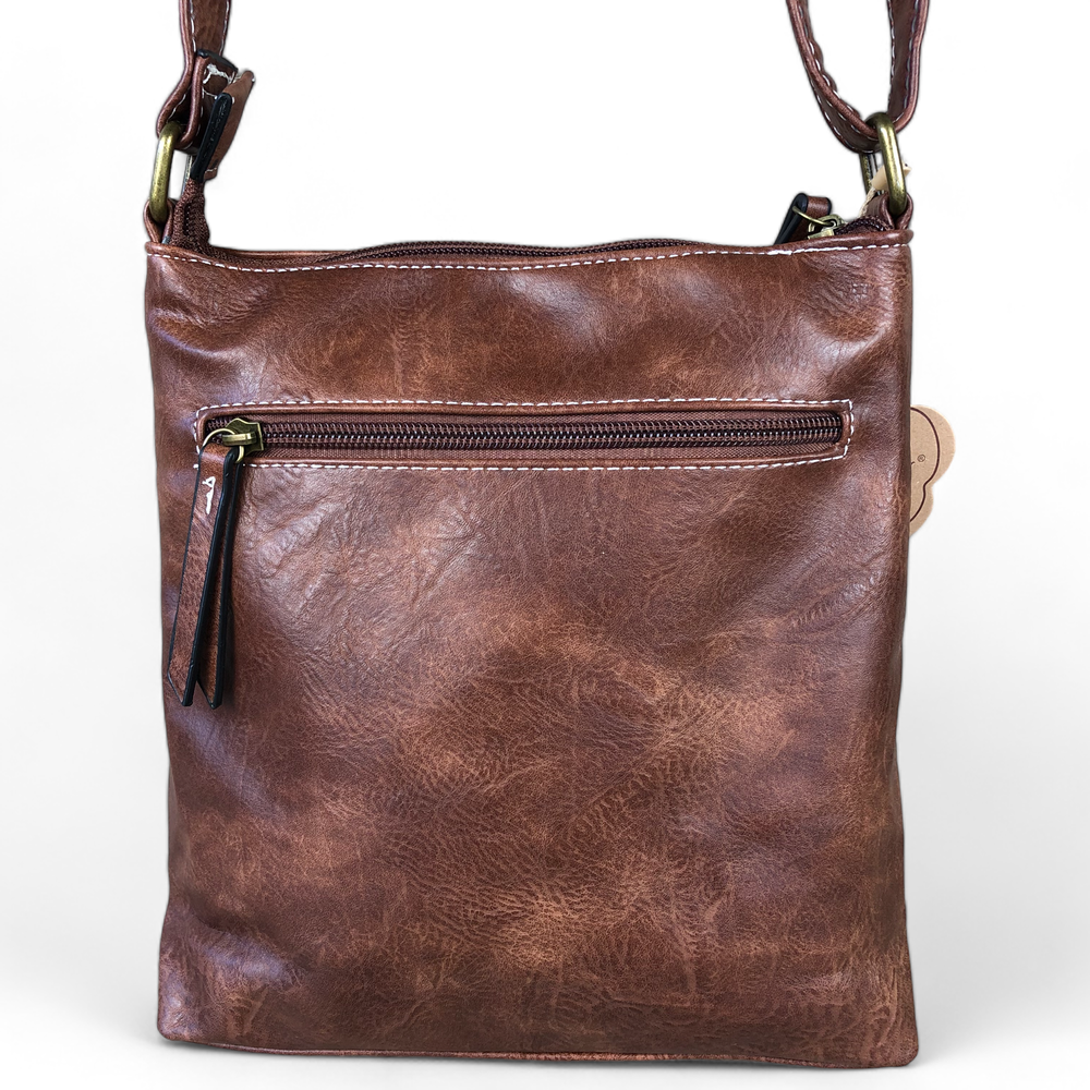 BROWN PU Leather Cotton Road Sling Bag with Metal Zips