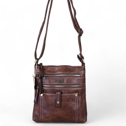 BROWN PU Leather Cotton Road Sling Bag with Metal Zips
