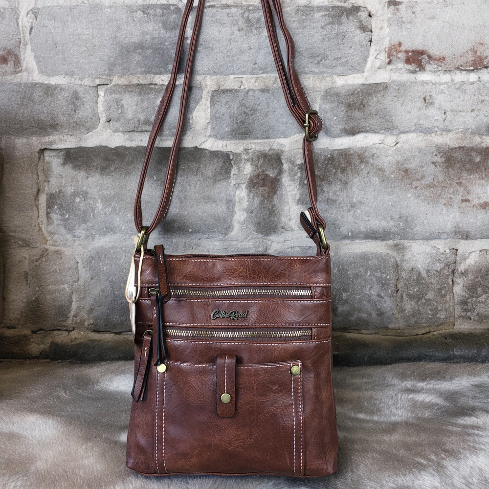 BROWN PU Leather Cotton Road Sling Bag with Metal Zips
