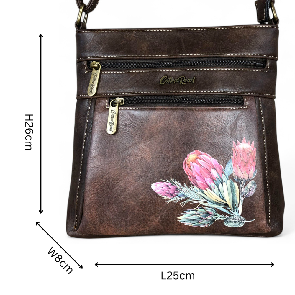 BROWN PU Leather Cotton Road Sling Bag with PROTEA detailing