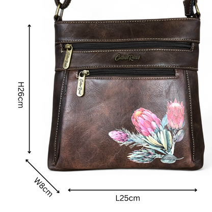 BROWN PU Leather Cotton Road Sling Bag with PROTEA detailing