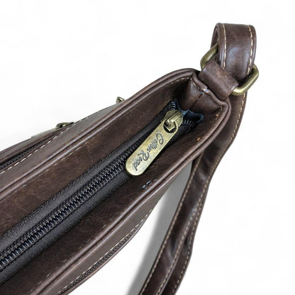 BROWN PU Leather Cotton Road Sling Bag with PROTEA detailing