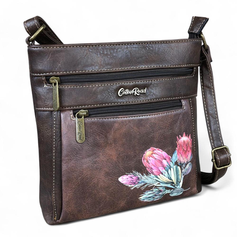 BROWN PU Leather Cotton Road Sling Bag with PROTEA detailing