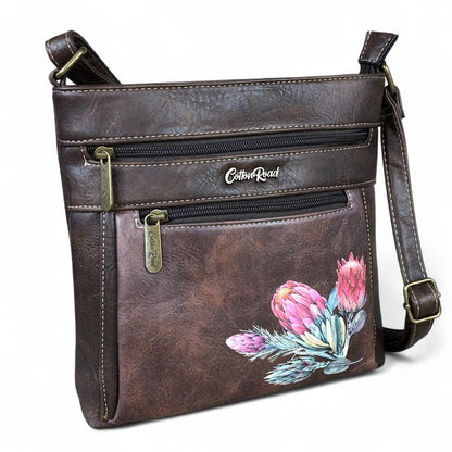 BROWN PU Leather Cotton Road Sling Bag with PROTEA detailing