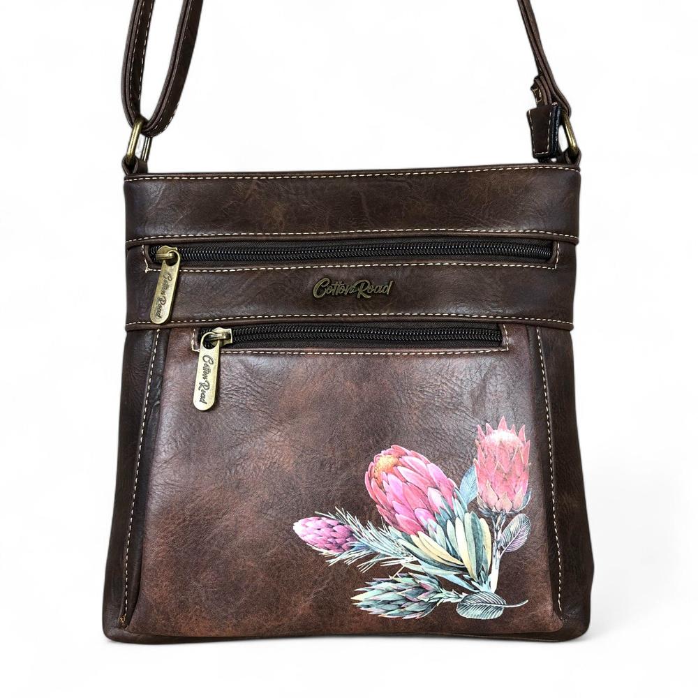 BROWN PU Leather Cotton Road Sling Bag with PROTEA detailing